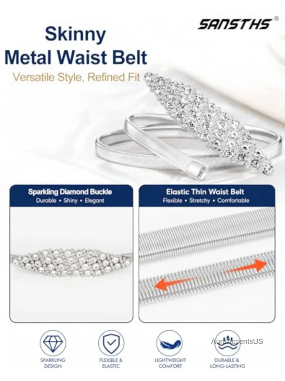 Elastic Metal Rhinestone Waist Belt for Women Dresses Wedding Formal Parties